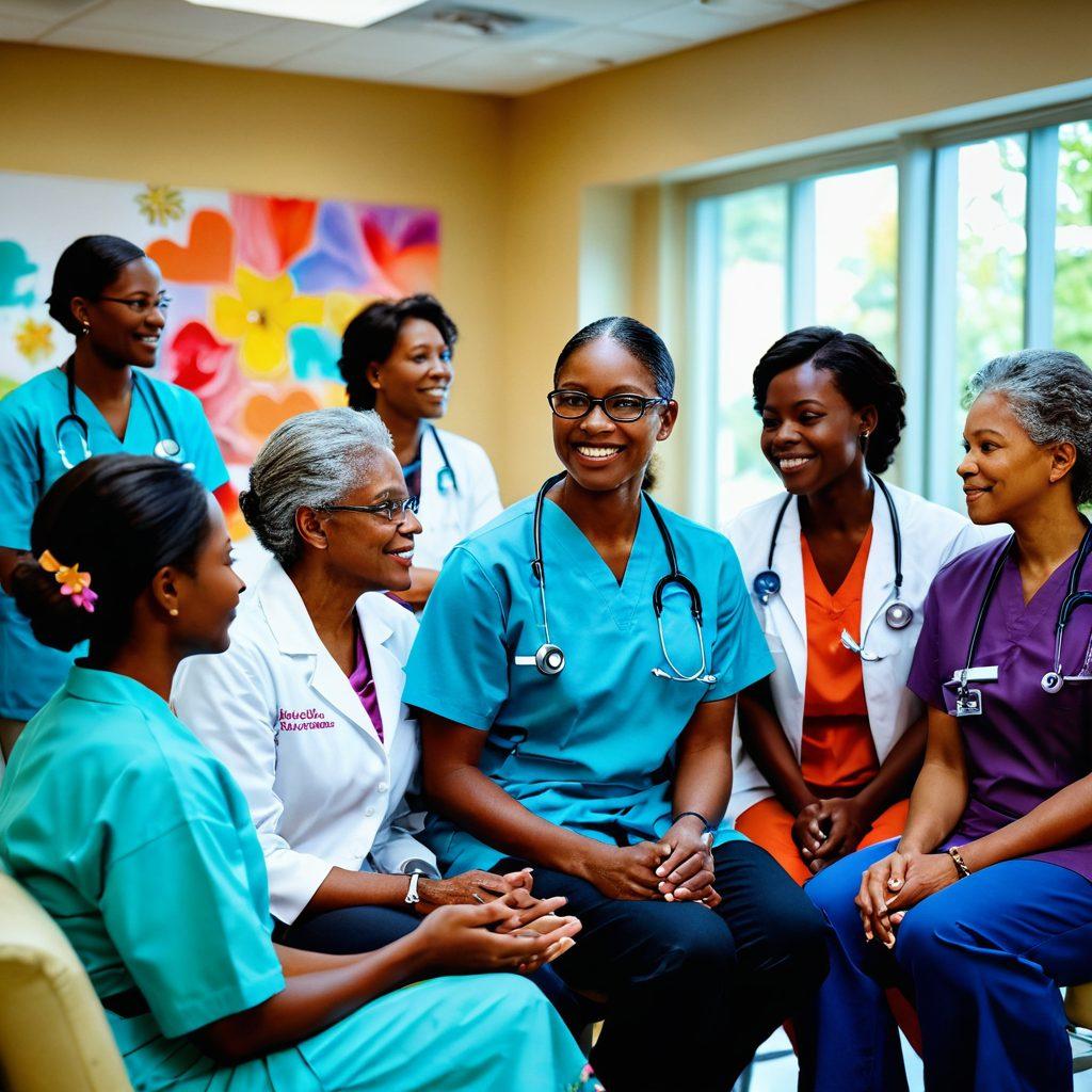 A serene healthcare environment featuring a diverse group of patients and medical professionals engaged in supportive conversation, surrounded by symbols of hope like ribbons and blooming flowers. Include warm and soothing colors to evoke a sense of empowerment and wellness. Capture a sense of community, resilience, and compassion in the air. super-realistic. vibrant colors. soft-focus.