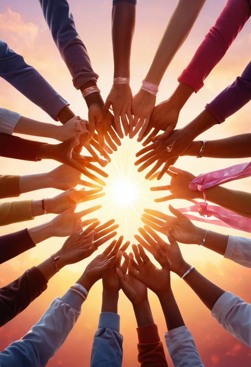 A powerful and uplifting scene depicting a diverse group of cancer survivors, each smiling and holding hands in a circle, symbolizing support and empowerment. In the background, a bright sunrise represents hope and new beginnings. Overlay elements like ribbons and medical icons subtly blend into the scene conveying advocacy and awareness. The image should radiate positivity and resilience. super-realistic. vibrant colors. uplifting atmosphere.