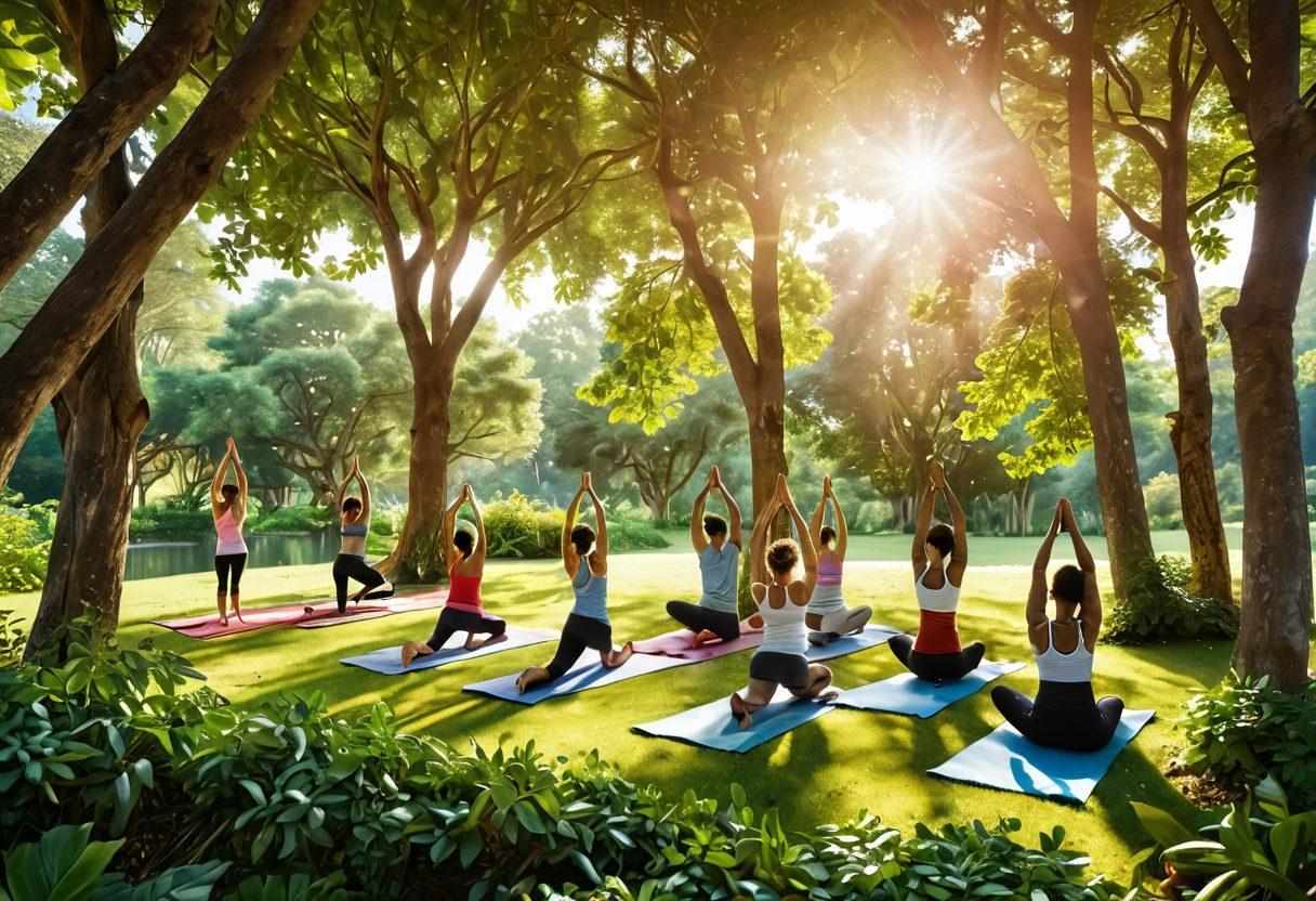 A serene scene depicting a diverse group of people engaging in outdoor activities like yoga and jogging, surrounded by lush greenery and vibrant fruits representing nutrition. Highlight a table with healthy meals and supplements, with sunlight filtering through trees, creating a warm and inviting atmosphere. Super-realistic. Vibrant colors. Natural background.